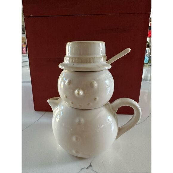 Pottery Barn Snowman Stackable Tea Set Ceramic Holiday Vintage w Spoon - Picture 2 of 9